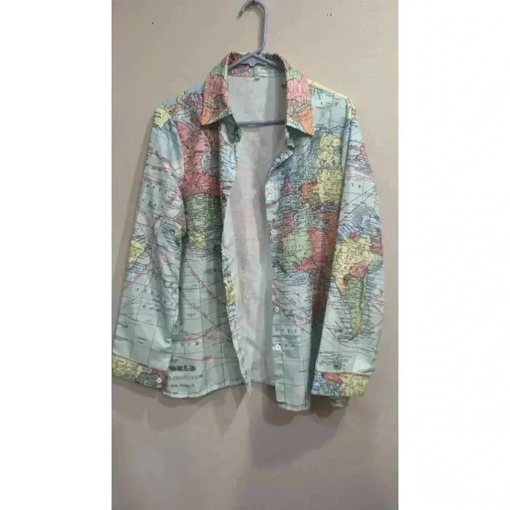 VINTAGE 70's World Map printed Women's dress shirt Novelty in size XL - Picture 3 of 6